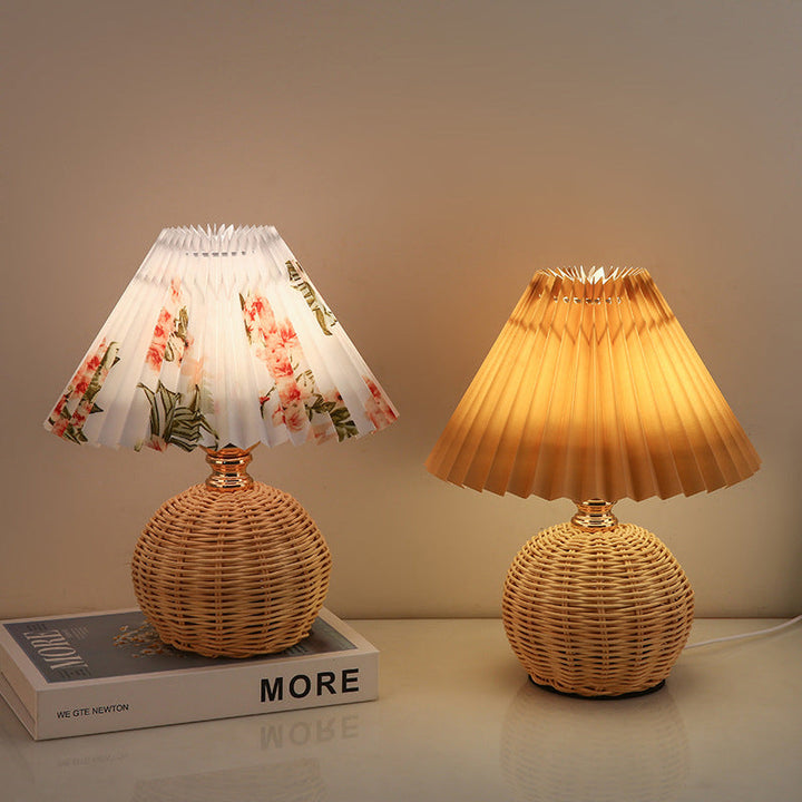 Contemporary Nordic Table Lamp in Rattan &amp; Fabric — Bedroom Lighting | Havora