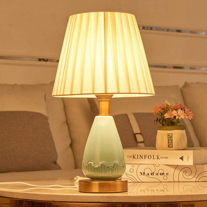 Traditional Chinese Cone Fabric Hardware Ceramic Base 1-Light Table Lamp For Living Room &amp; Bedroom