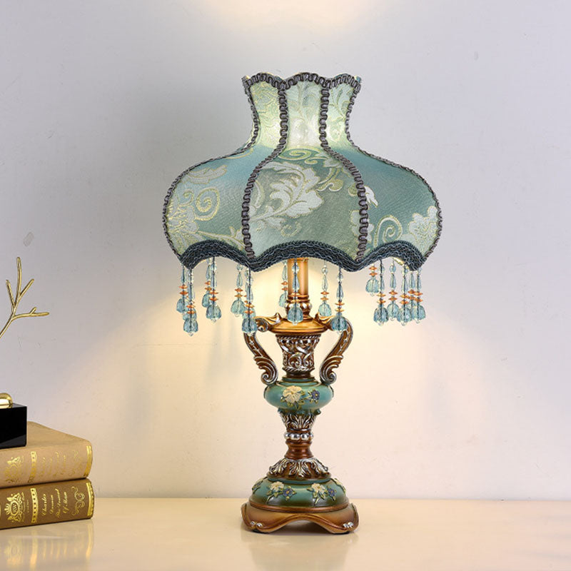Traditional European Blue Fabric Tassel Resin 1-Light Table Lamp For Bedroom