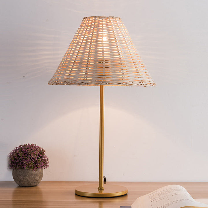 Contemporary Boho Round Trapezoidal Cylinder Base Rattan Metal 1-Light Table Lamp For Bedroom