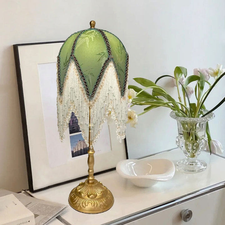 Traditional French Tassel Leaf Iron Fabric 1-Light Table Lamp For Bedroom