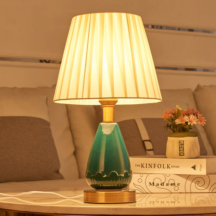 Traditional Chinese Cone Fabric Hardware Ceramic Base 1-Light Table Lamp For Living Room &amp; Bedroom