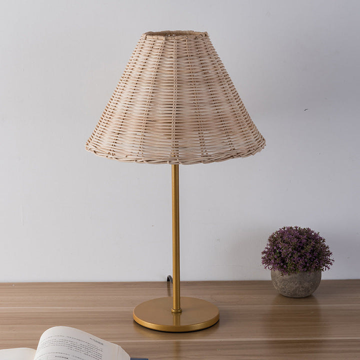 Contemporary Boho Round Trapezoidal Cylinder Base Rattan Metal 1-Light Table Lamp For Bedroom