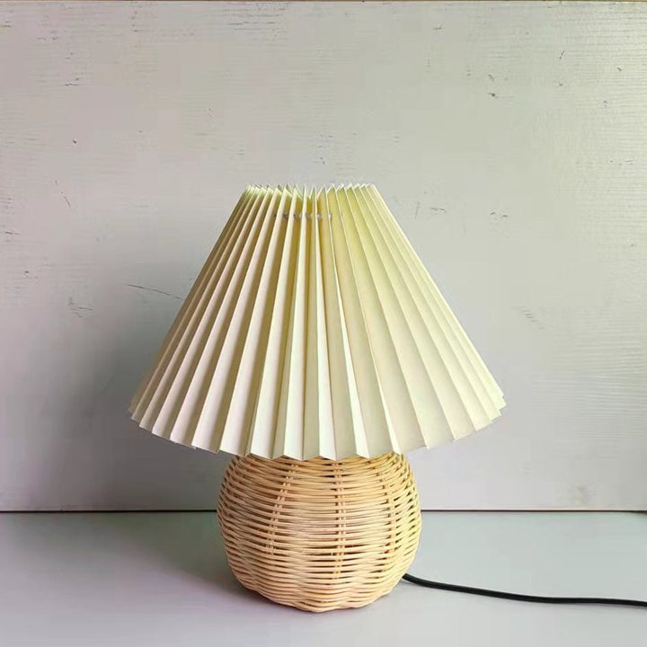 Traditional Vintage Round Pleated Bamboo Fabric 1-Light Table Lamp For Bedroom