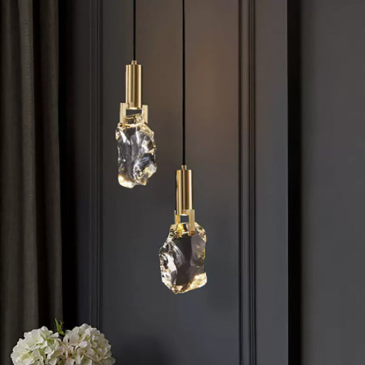 Modern Luxury Copper Irregular Crystal Stone LED Pendant Light For Living Room