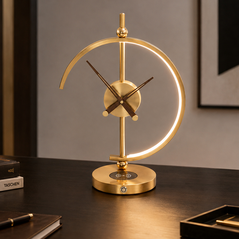 Traditional Vintage Round Clock Aluminum Plastic LED Table Lamp For Living Room