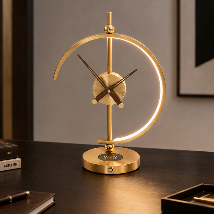 Traditional Vintage Round Clock Aluminum Plastic LED Table Lamp For Living Room