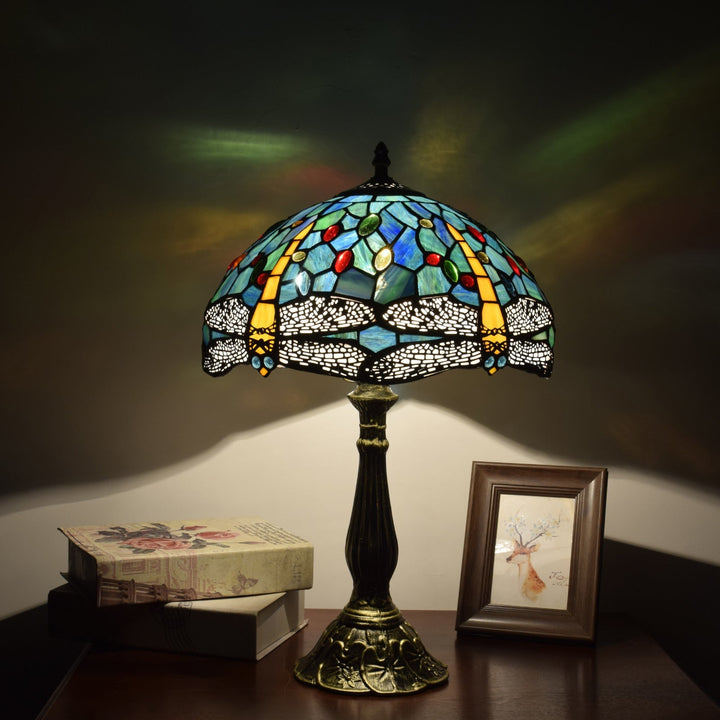 Traditional Tiffany Dragonfly Stained Glass 1-Light Table Lamp For Study