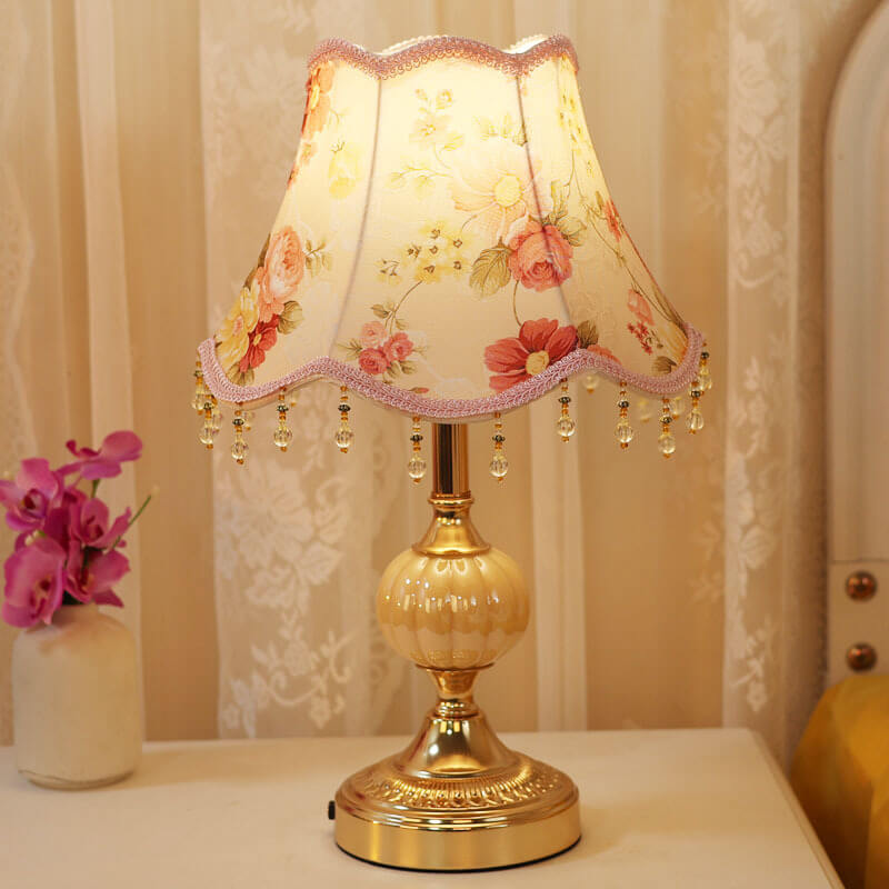 European Vintage Floral Table Lamp in Fabric, Glass &amp; Hardware — Bedroom Lighting | Havora