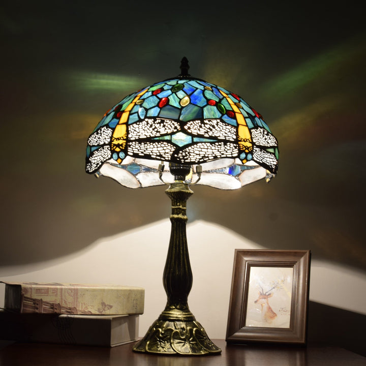Traditional Tiffany Dragonfly Stained Glass 1-Light Table Lamp For Study