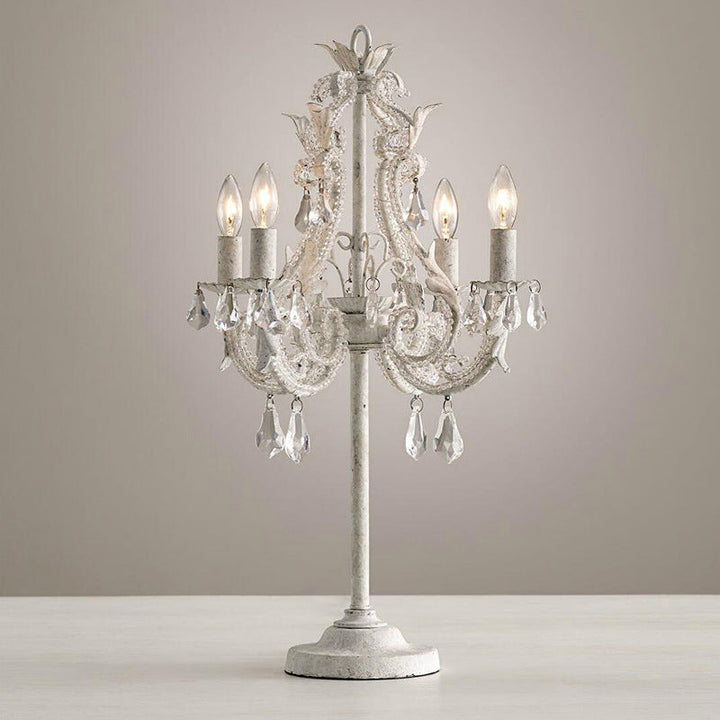 Contemporary Boho Distressed White Hardware Candelabra Design Crystal Bead 4-Light Table Lamp For Bedroom