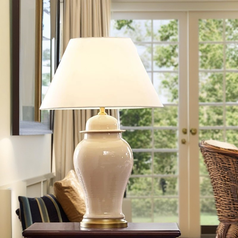 Traditional Rustic Vase Ceramic &amp; Fabric Table Lamp for Study | Havora Designer Lighting