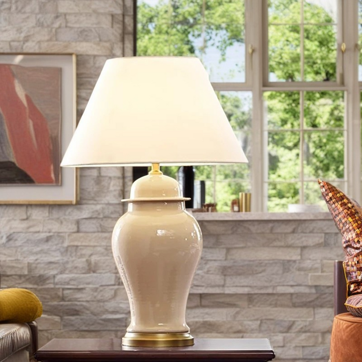 Traditional Rustic Vase Ceramic &amp; Fabric Table Lamp for Study | Havora Designer Lighting