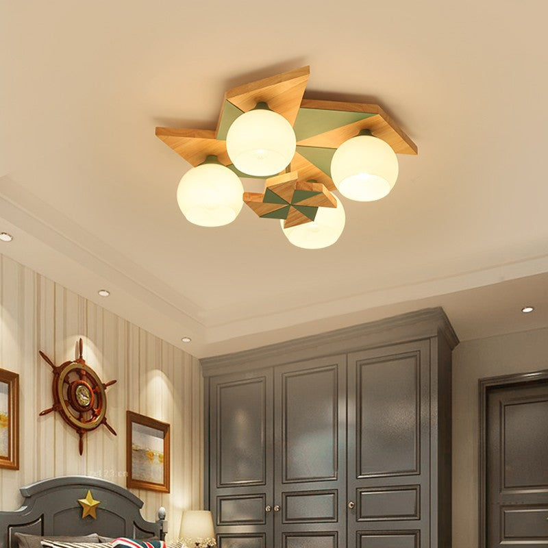 Scandinavian Modern Childlike Giraffe Diamond Pentagram Windmill Iron Wood Glass 4/5 Light Semi-Flush Mount Ceiling Light