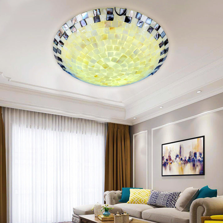 Traditional Tiffany Mediterranean Mosaic Shell Round LED Flush Mount Ceiling Light For Living Room