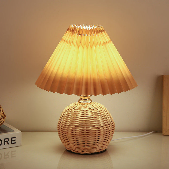 Contemporary Nordic Table Lamp in Rattan &amp; Fabric — Bedroom Lighting | Havora
