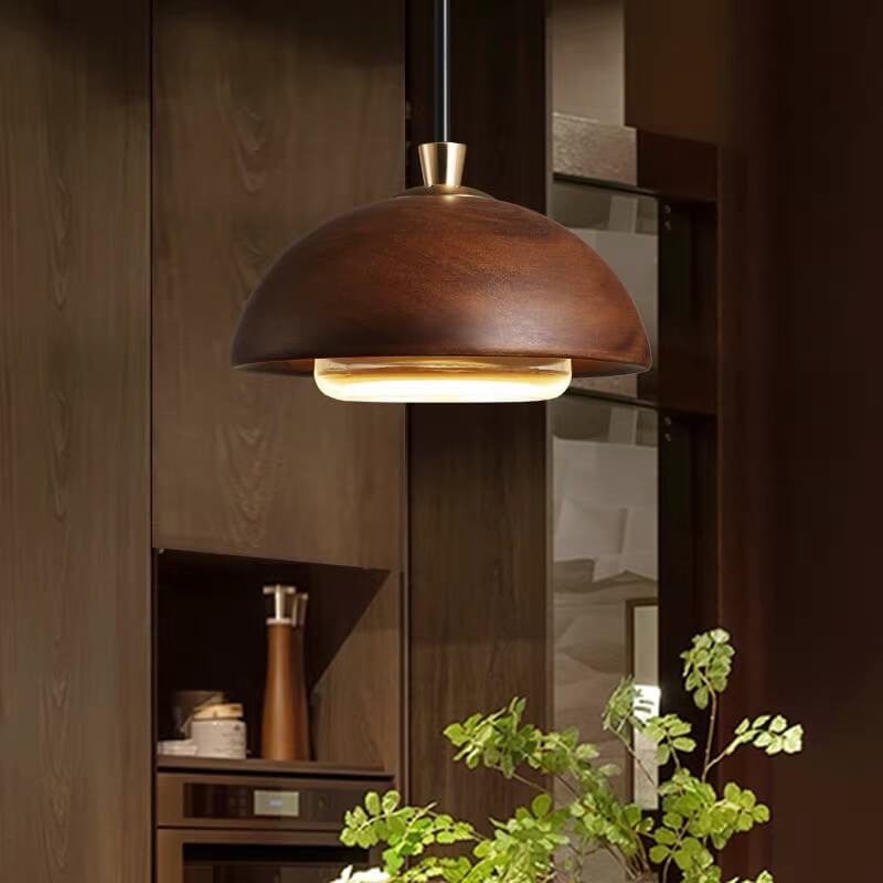 Nordic Minimalist Solid Wood Dome Glass Lampshade LED Pendant Light