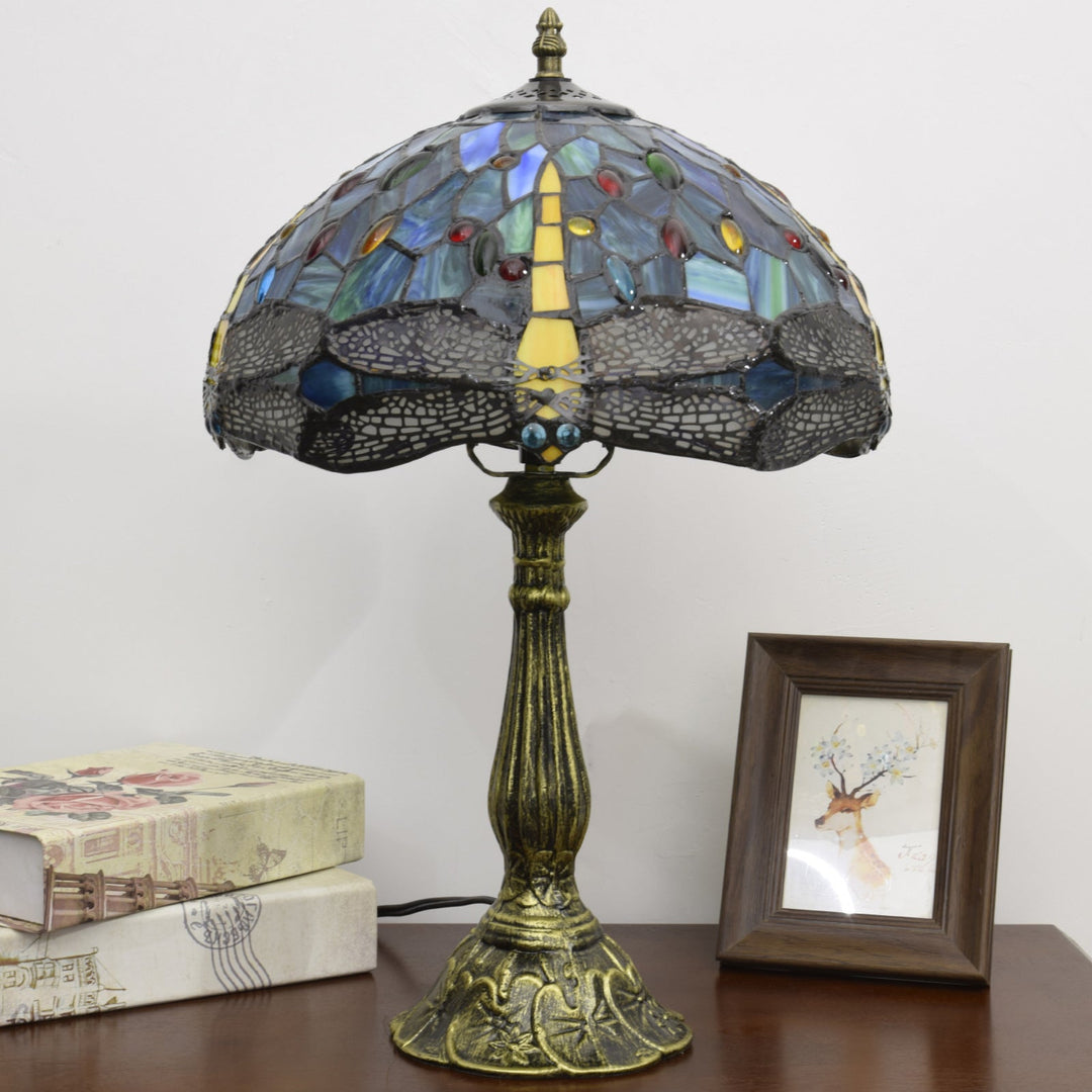 Traditional Tiffany Dragonfly Stained Glass 1-Light Table Lamp For Study