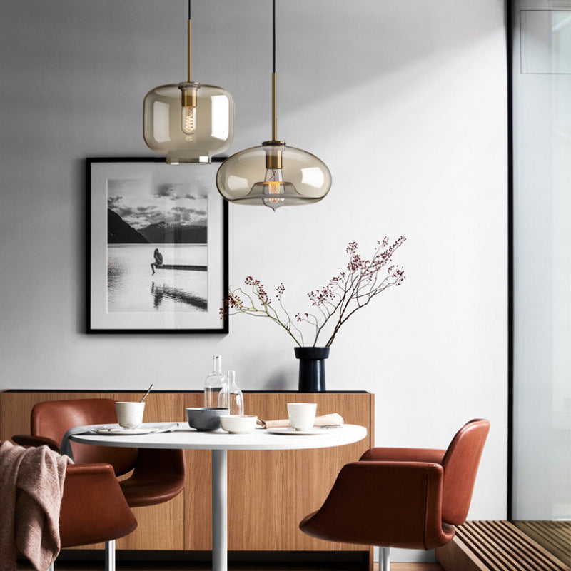 Contemporary Nordic Iron Glass Round Geometric Jar 1-Light Pendant Light For Living Room &amp; Bedroom