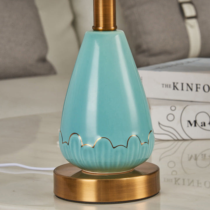 Traditional Chinese Cone Fabric Hardware Ceramic Base 1-Light Table Lamp For Living Room &amp; Bedroom