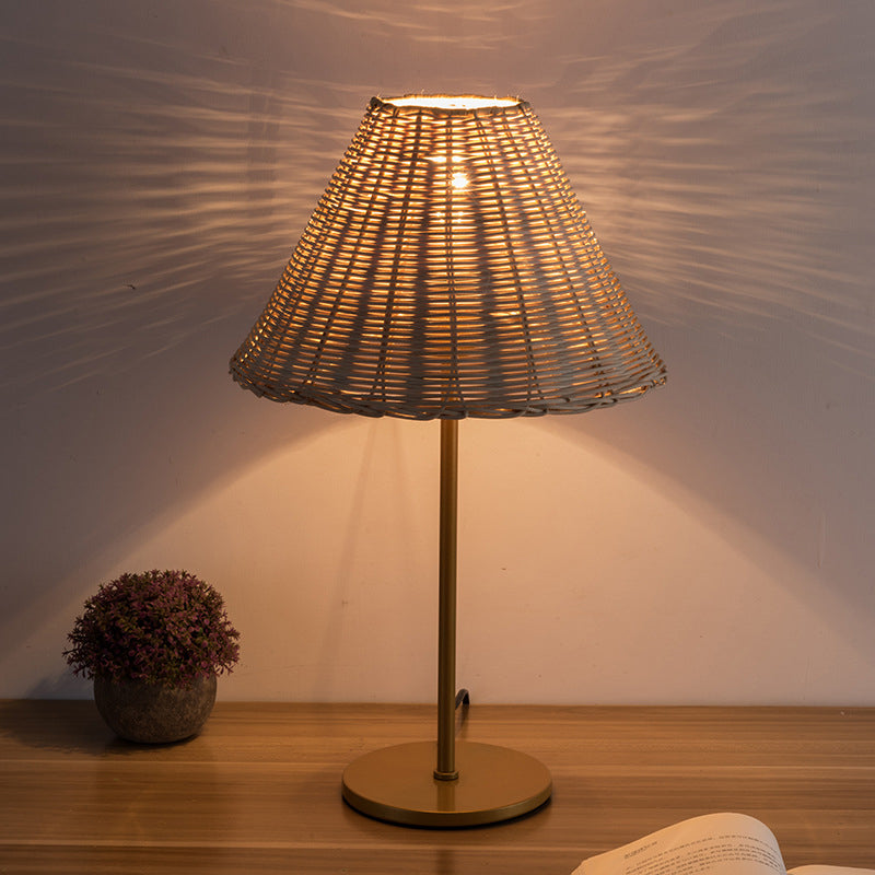 Contemporary Boho Round Trapezoidal Cylinder Base Rattan Metal 1-Light Table Lamp For Bedroom
