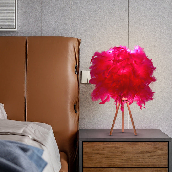 Modern Art Deco Feather Wood Cylinder Triangle Base 1-Light Table Lamp For Bedside
