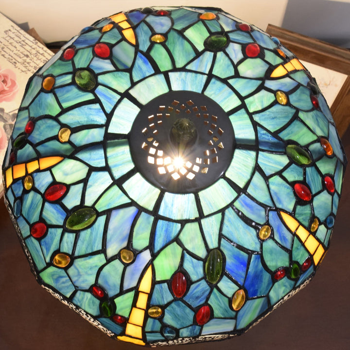 Traditional Tiffany Dragonfly Stained Glass 1-Light Table Lamp For Study