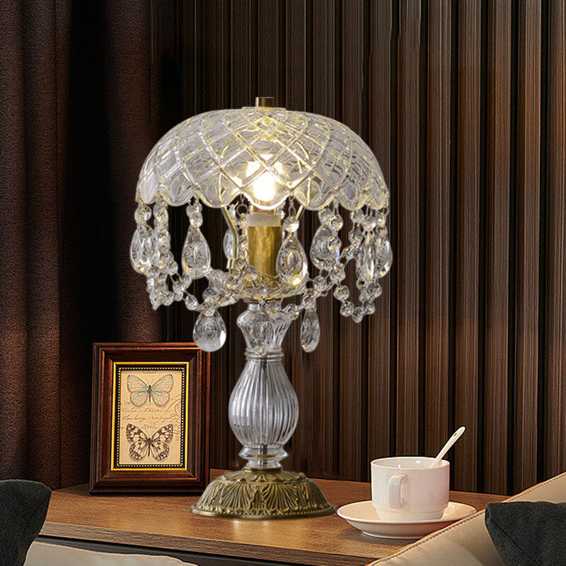 Modern Luxury Clear Glass Crystal Round Tassel Copper 1-Light Table Lamp for Bedroom