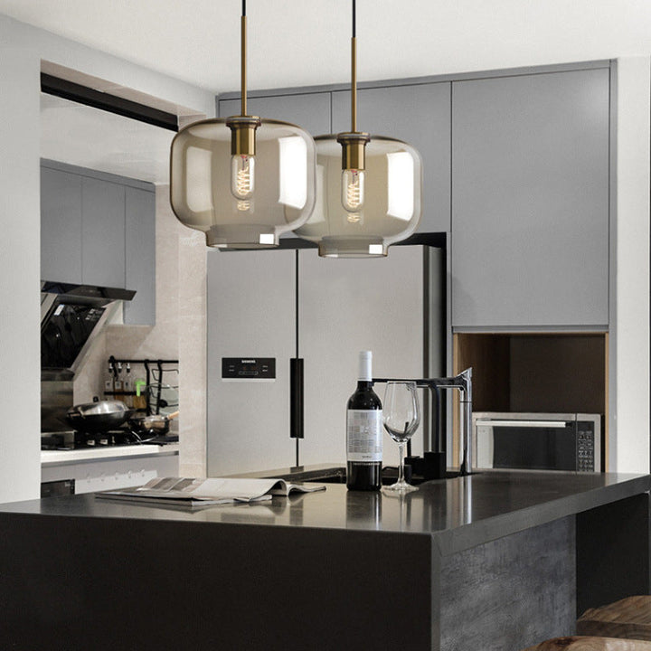 Contemporary Nordic Iron Glass Round Geometric Jar 1-Light Pendant Light For Living Room &amp; Bedroom