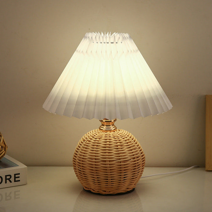 Contemporary Nordic Table Lamp in Rattan &amp; Fabric — Bedroom Lighting | Havora