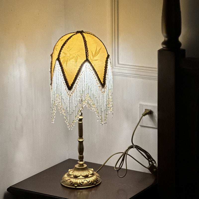 Traditional French Tassel Leaf Iron Fabric 1-Light Table Lamp For Bedroom