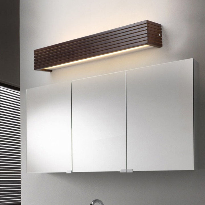 Traditional Chinese Striped Wood Cuboid LED Vanity Mirror Front Wall Sconce Lamp For Bathroom