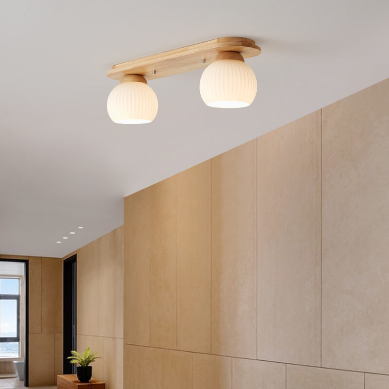 Traditional Japanese Striped Glass Wood Long Plate 2/3 Light Flush Mount Ceiling Light
