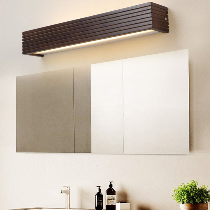 Traditional Chinese Striped Wood Cuboid LED Vanity Mirror Front Wall Sconce Lamp For Bathroom