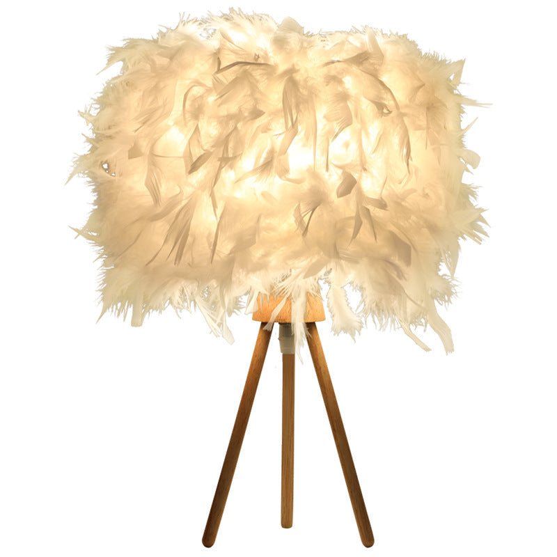 Modern Art Deco Feather Wood Cylinder Triangle Base 1-Light Table Lamp For Bedside