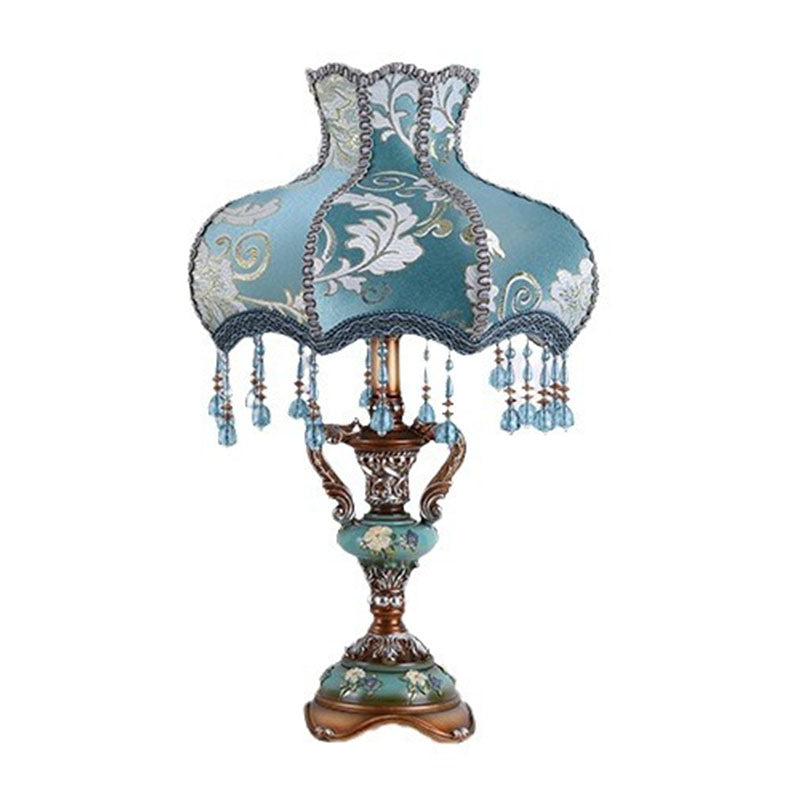 Traditional European Blue Fabric Tassel Resin 1-Light Table Lamp For Bedroom