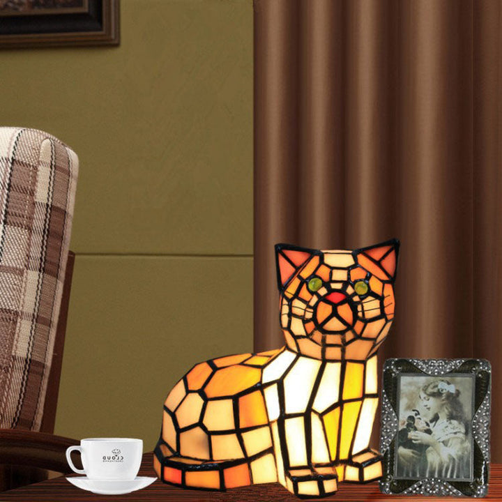 Traditional Tiffany Stained Glass Cat 1-Light Table Lamp For Bedroom