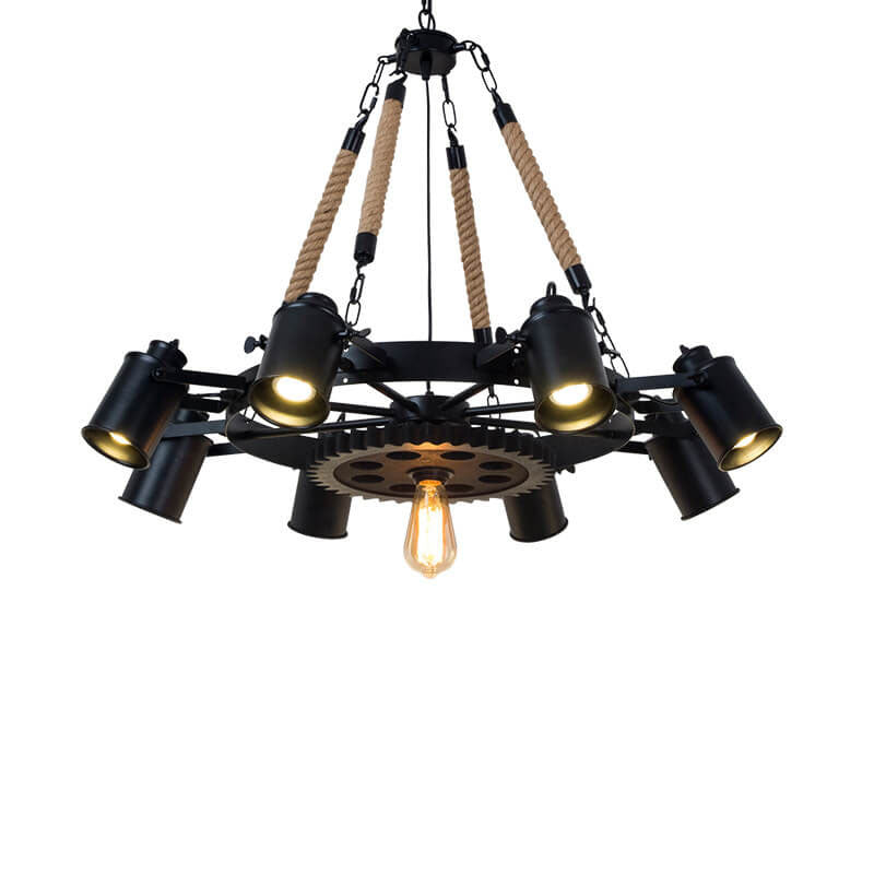 Industrial Retro Gear Wrought Ion Hemp Rope 6/8/10-Light Chandelier