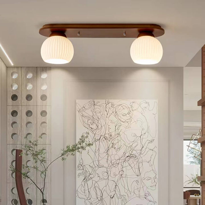 Traditional Japanese Striped Glass Wood Long Plate 2/3 Light Flush Mount Ceiling Light