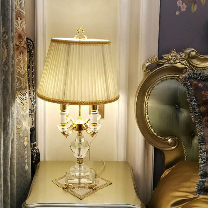 European Luxury Fabric Candle Holder with Crystal Base 4-Light Table Lamp