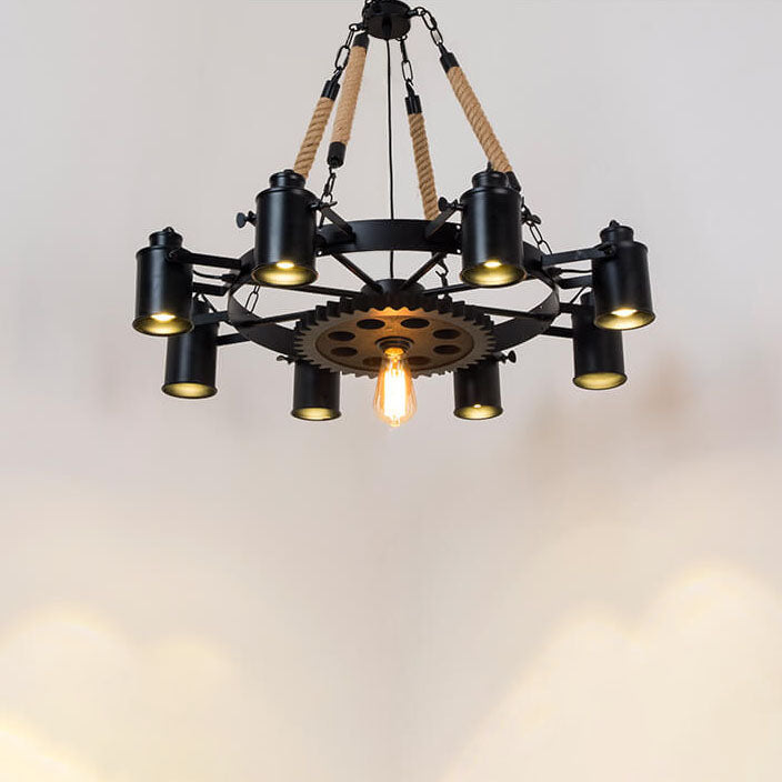 Industrial Retro Gear Wrought Ion Hemp Rope 6/8/10-Light Chandelier