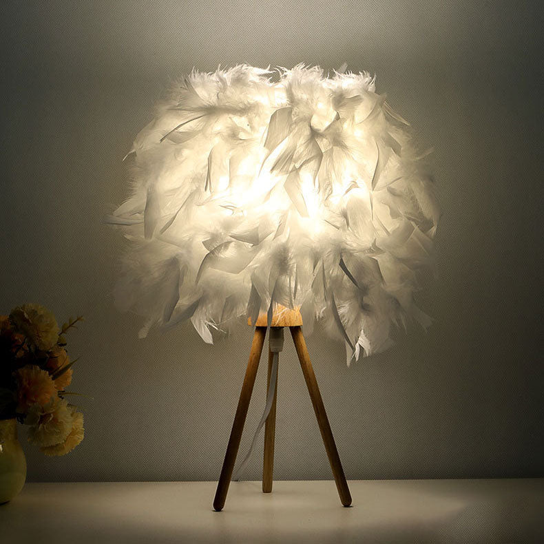 Modern Art Deco Feather Wood Cylinder Triangle Base 1-Light Table Lamp For Bedside