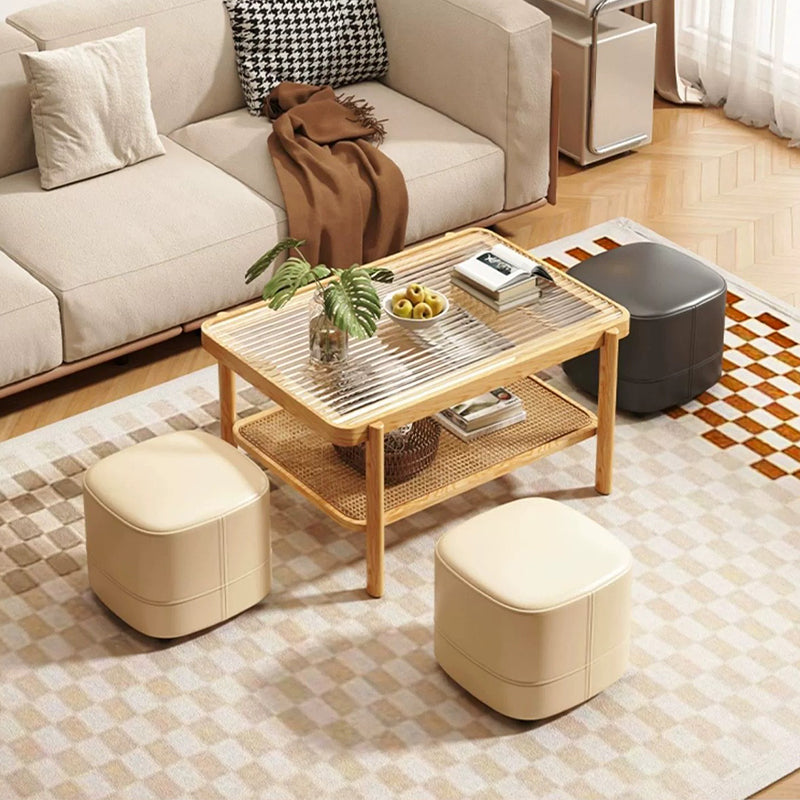 Modern Minimalist Square Faux Leather Solid Wood Vanity Stool For Bedroom