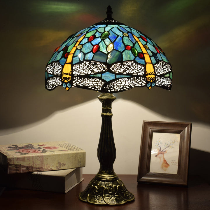Traditional Tiffany Dragonfly Stained Glass 1-Light Table Lamp For Study