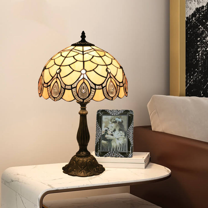 Tiffany Retro Lotus Resin Base Stained Glass 1-Light Table Lamp
