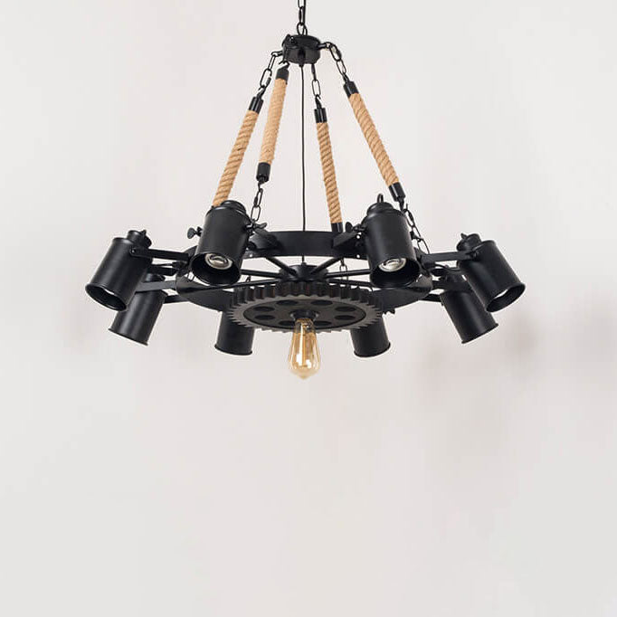 Industrial Retro Gear Wrought Ion Hemp Rope 6/8/10-Light Chandelier