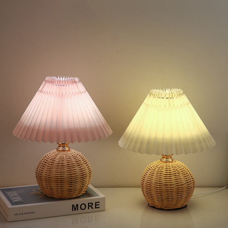 Contemporary Nordic Table Lamp in Rattan &amp; Fabric — Bedroom Lighting | Havora