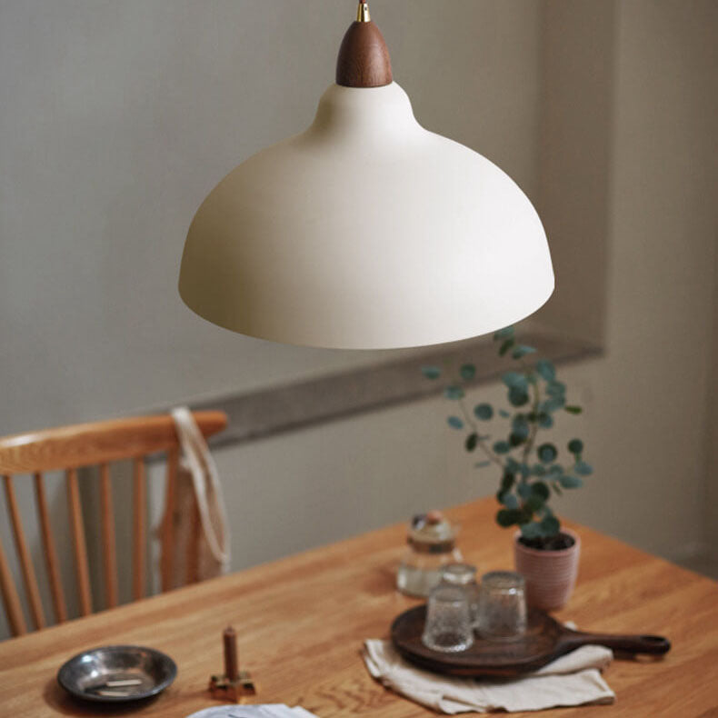 Japanese Simple Iron Dome Solid Wood Top 1-Light Pendant Light