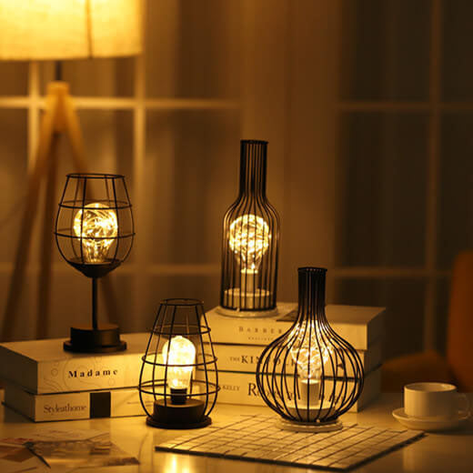 Retro Wrought Iron Wine Bottle Night Light Table Lamp