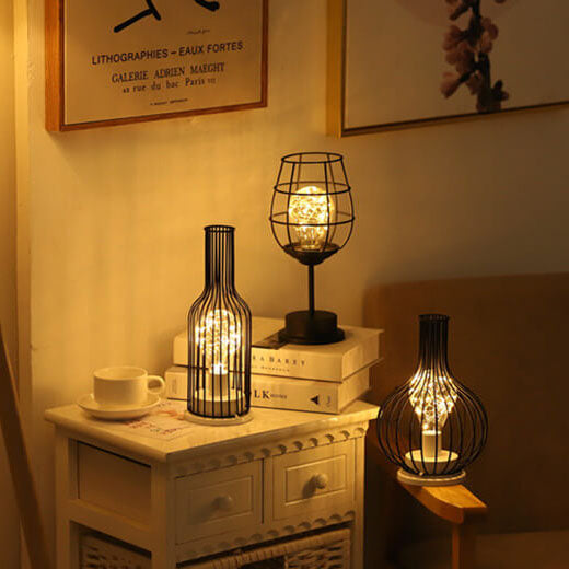 Retro Wrought Iron Wine Bottle Night Light Table Lamp